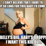 When she has had it with pregnancy... | I CAN'T BELIEVE THAT I HAVE TO WAIT SO LONG FOR THIS BABY TO COME OUT; MY BELLY'S BIG, BABY'S DROPPING,  I WANT THIS KID OUT. | image tagged in pregnant woman | made w/ Imgflip meme maker