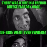 Cheesy | THERE WAS A FIRE IN A FRENCH CHEESE FACTORY ONCE... DE-BRIE WENT EVERYWHERE! | image tagged in cheese | made w/ Imgflip meme maker