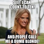Kellyanne Conway | SEE!  I CAN COUNT TO TEN! AND PEOPLE CALL ME A DUMB BLONDE! | image tagged in kellyanne conway | made w/ Imgflip meme maker