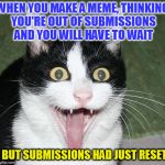 Also, it was my 300th submission, huzzah! | WHEN YOU MAKE A MEME, THINKING YOU'RE OUT OF SUBMISSIONS AND YOU WILL HAVE TO WAIT; BUT SUBMISSIONS HAD JUST RESET | image tagged in excited cat,memes,submission,imgflip,ideas,friends | made w/ Imgflip meme maker