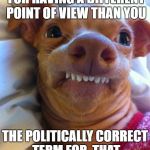 Overbite Dog | IF YOU *HATE* PEOPLE FOR HAVING A DIFFERENT POINT OF VIEW THAN YOU; THE POLITICALLY CORRECT TERM FOR  THAT  IS "BATSH*T CRA-CRA" | image tagged in overbite dog | made w/ Imgflip meme maker