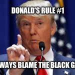 Donald Trump | DONALD'S RULE #1; ALWAYS BLAME THE BLACK GUY | image tagged in donald trump,successful black guy | made w/ Imgflip meme maker