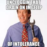 Tim allen | UNCLOGGIN THAT DRAIN ON IMGFLIP; OF INTOLERANCE | image tagged in tim allen | made w/ Imgflip meme maker