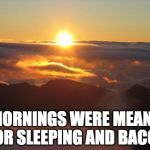 Coffee too | MORNINGS WERE MEANT FOR SLEEPING AND BACON | image tagged in good morning,bacon,sleeping,coffee | made w/ Imgflip meme maker