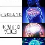 Expanding Brain | LOST PAUSE; THEANIMEMAN; JONATHAN YOUNG; NATEWANTSTOBATTLE | image tagged in expanding brain | made w/ Imgflip meme maker