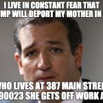 Worried Cruz | I LIVE IN CONSTANT FEAR THAT TRUMP WILL DEPORT MY MOTHER IN LAW; WHO LIVES AT 387 MAIN STREET LA 90023 SHE GETS OFF WORK AT 5 | image tagged in worried cruz | made w/ Imgflip meme maker