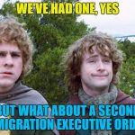 Little bit of politics... :) | WE'VE HAD ONE, YES; BUT WHAT ABOUT A SECOND IMMIGRATION EXECUTIVE ORDER? | image tagged in hobbits,memes,immigration,trump,executive orders,politics | made w/ Imgflip meme maker