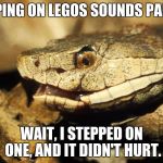 I stepped on legos, and they don't hurt. pansy... | STEPPING ON LEGOS SOUNDS PAINFUL. WAIT, I STEPPED ON ONE, AND IT DIDN'T HURT. | image tagged in realisation snake,lego week,snake,realisation | made w/ Imgflip meme maker