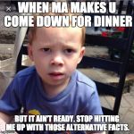 Gavin Alternative fact | WHEN MA MAKES U COME DOWN FOR DINNER; BUT IT AIN'T READY. STOP HITTING ME UP WITH THOSE ALTERNATIVE FACTS. | image tagged in gavin annoyed,alternative facts | made w/ Imgflip meme maker