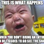 Ugly Crying Baby | THIS IS WHAT HAPPENS; WHEN YOU DON'T BRING AN ENTIRE BOX OF TISSUES TO GO SEE 'THE SHACK' | image tagged in ugly crying baby | made w/ Imgflip meme maker
