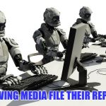 Robots Using Computers | LEFT WING MEDIA FILE THEIR REPORTS | image tagged in robots using computers | made w/ Imgflip meme maker
