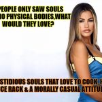Sofia Vergara's Soul | IF PEOPLE ONLY SAW SOULS AND NO PHYSICAL BODIES,WHAT WOULD THEY LOVE? A - FASTIDIOUS SOULS THAT LOVE TO COOK, HAVE A NICE RACK & A MORALLY C | image tagged in sofia vergara's soul | made w/ Imgflip meme maker