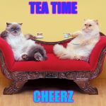 Cats on Sofa | TEA TIME; CHEERZ | image tagged in cats on sofa | made w/ Imgflip meme maker