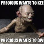 gollum | OUR PRECIOUS WANTS TO KEEP US; OUR PRECIOUS WANTS TO OWN US | image tagged in gollum | made w/ Imgflip meme maker