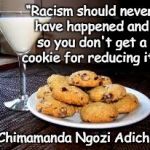 Cookies | “Racism should never have happened and so you don't get a cookie for reducing it.”; ~Chimamanda Ngozi Adichie | image tagged in chimamanda ngozi adichie,racism,reward,responsibility,privilege | made w/ Imgflip meme maker