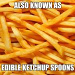 French Fries | ALSO KNOWN AS; EDIBLE KETCHUP SPOONS | image tagged in french fries | made w/ Imgflip meme maker