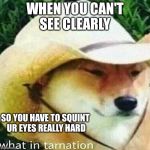 what in tarnation | WHEN YOU CAN'T SEE CLEARLY; SO YOU HAVE TO SQUINT UR EYES REALLY HARD | image tagged in what in tarnation | made w/ Imgflip meme maker