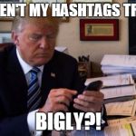 Trump Tweeting | WHY AREN'T MY HASHTAGS TRENDING; BIGLY?! | image tagged in trump tweeting | made w/ Imgflip meme maker
