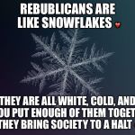 snowflake | REBUBLICANS ARE LIKE SNOWFLAKES ❤️; THEY ARE ALL WHITE, COLD, AND IF YOU PUT ENOUGH OF THEM TOGETHER, THEY BRING SOCIETY TO A HALT 💔 | image tagged in snowflake | made w/ Imgflip meme maker