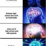 Expanding brain | finishes university and gets a reliable job; finishes high school and work at mcdonalds; drop out of high school and with parents; don't go to school and becomes hobo | image tagged in expanding brain | made w/ Imgflip meme maker