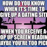 Online Dating Meme | HOW DO YOU KNOW  WHEN IT'S TIME TO GIVE UP A DATING SITE; WHEN YOU RECEIVE A POP UP SCREEN READING "MAYBE YOU'RE TOO PICKY" | image tagged in online dating meme | made w/ Imgflip meme maker