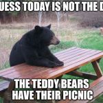 Bear picnic | I GUESS TODAY IS NOT THE DAY; THE TEDDY BEARS HAVE THEIR PICNIC | image tagged in lonely bear,picnic bear | made w/ Imgflip meme maker