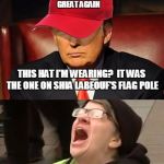 Tormentor in Chief | MAKE AMERICA GREAT AGAIN; THIS HAT I'M WEARING?  IT WAS THE ONE ON SHIA LABEOUF'S FLAG POLE; NOOOOOO!!!!!! | image tagged in trump hat no | made w/ Imgflip meme maker