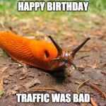 Slug belated birthday | HAPPY BIRTHDAY; TRAFFIC WAS BAD | image tagged in slug belated birthday | made w/ Imgflip meme maker