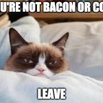And don't come bacon. | IF YOU'RE NOT BACON OR COFFEE; LEAVE | image tagged in grumpy morning,bacon,coffee,leave | made w/ Imgflip meme maker