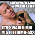 Bow Wow making sure the 'press' gets it straight | NAH, DAWG, IT'S NOT 'BOW WOW' LIKE A L'IL PUPPY; IT'S SWAHILI FOR 'I'M A L'IL DUMB-ASS" | image tagged in bow wow,memes,rappers,liberal vs conservative,just the facts,politics | made w/ Imgflip meme maker