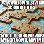 Scrabble | JUST SWALLOWED SEVERAL SCRABBLE TILES. I'M NOT LOOKING FORWARD TO MY NEXT VOWEL MOVEMENT. | image tagged in scrabble | made w/ Imgflip meme maker