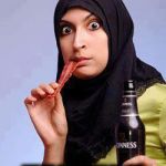 Surprised Muslim Lady | BACON IS LIKE; MEAT SPRINKLES ON THE CUPCAKE OF MY LIFE | image tagged in surprised muslim lady | made w/ Imgflip meme maker