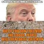 Trump - Quote | YOU CAN'T CON PEOPLE, AT LEAST NOT FOR LONG. 
YOU CAN CREATE EXCITEMENT, YOU CAN DO WONDERFUL 
PROMOTION AND GET ALL KINDS OF PRESS,
AND YOU CAN THROW IN A LITTLE HYPERBOLE. BUT IF YOU DON'T DELIVER THE GOODS, PEOPLE WILL EVENTUALLY CATCH ON; SOURCE: TRUMP - THE EART OF THE DEAL | image tagged in trump wall,trump,donald trump | made w/ Imgflip meme maker