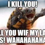 You no match for teeny turtle! | I KILL YOU! I KILL YOU WIF MY LAZER EYES! WAHAHAHAHAHA! | image tagged in bring it,turtle | made w/ Imgflip meme maker