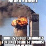 Obama Twin Towers | NEVER FORGET; TRUMP'S BUDGET ELIMINATES FUNDING FOR ANTI-TERORRIST ARM OF NYPD | image tagged in obama twin towers | made w/ Imgflip meme maker