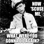Don Knotts lock n load,,, | NOW 'SCUSE   ME, WHAT WERE YOU GONNA DO AGAIN? | image tagged in don knotts lock n load   | made w/ Imgflip meme maker