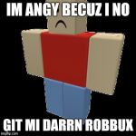 angry robloxian | IM ANGY BECUZ I NO; GIT MI DARRN ROBBUX | image tagged in angry robloxian | made w/ Imgflip meme maker