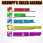 Failed Big Agenda | DRUMPF'S FAILED AGENDA; MUSLIM BAN; THE WALL; REPEAL THE ACA; IMPROVE NATIONAL SECURITY; DRAIN THE SWAMP | image tagged in failed big agenda | made w/ Imgflip meme maker