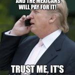 Trump | THERE WILL BE A TAX-REFORM, AND THE MEXICANS WILL PAY FOR IT! TRUST ME, IT'S GONNA BE GREAT! | image tagged in trump on the phone,memes,funny | made w/ Imgflip meme maker