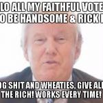 shit & wheaties  | HELLO ALL MY FAITHFUL VOTERS!  WANT TO BE HANDSOME & RICK LIKE ME? EAT DOG SHIT AND WHEATIES, GIVE ALL YOUR MONEY TO THE RICH! WORKS EVERY TIME! TRUST ME! | image tagged in shit  wheaties | made w/ Imgflip meme maker