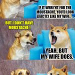 Dad Joke Doge | WHAT ARE YE THINKIN' DOGE ? IF IT WERE'NT FOR THE MOUSTACHE, YOU'D LOOK EXACTLY LIKE MY WIFE . . . BUT I DON'T HAVE MOUSTACHE ! YEAH, BUT MY WIFE DOES. | image tagged in dad joke doge | made w/ Imgflip meme maker