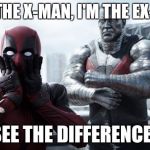 Seriously, guys, it's not that hard to understand. | HE'S THE X-MAN, I'M THE EX-MAN. SEE THE DIFFERENCE? | image tagged in deadpoolandcollossus | made w/ Imgflip meme maker