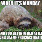 Sloth Monday | WHEN IT'S MONDAY; AND YOU GET INTO BED AFTER A LONG DAY OF PROCRASTINATING | image tagged in sloth monday,bed,monday | made w/ Imgflip meme maker