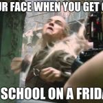 Legolas crazy | YOUR FACE WHEN YOU GET OUT; OF SCHOOL ON A FRIDAY | image tagged in legolas crazy | made w/ Imgflip meme maker