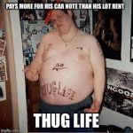 Thug looser | PAYS MORE FOR HIS CAR NOTE THAN HIS LOT RENT; THUG LIFE | image tagged in thug looser | made w/ Imgflip meme maker