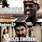 THIS IS SWEDEN! ... or at least Swedish Weather | Snow in spring? 
This is
madness! Madness? THIS IS SWEDEN! | image tagged in this is sparta,leonidas,spring,sweden | made w/ Imgflip meme maker