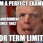 term | I AM A PERFECT EXAMPLE; IN GOVERNMENT SINCE 1982; FOR TERM LIMITS | image tagged in mccain's bullshit | made w/ Imgflip meme maker