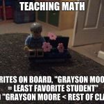 Edna Kruller | TEACHING MATH; WRITES ON BOARD, "GRAYSON MOORE = LEAST FAVORITE STUDENT" AND "GRAYSON MOORE < REST OF CLASS" | image tagged in edna kruller | made w/ Imgflip meme maker