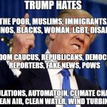 Trump Hates | TRUMP HATES; THE POOR, MUSLIMS, IMMIGRANTS, LATINOS, BLACKS, WOMAN, LGBT, DISABLED; FREEDOM CAUCUS, REPUBLICANS, DEMOCRATS, REPORTERS, FAKE NEWS, POWS; REGULATIONS, AUTOMATOIN, CLIMATE CHANGE, CLEAN AIR, CLEAN WATER, WIND TURBINES | image tagged in trump hates | made w/ Imgflip meme maker