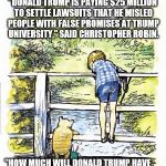 Pooh Sticks | "DONALD TRUMP IS PAYING $25 MILLION TO SETTLE LAWSUITS THAT HE MISLED PEOPLE WITH FALSE PROMISES AT TRUMP UNIVERSITY," SAID CHRISTOPHER ROBIN. "HOW MUCH WILL DONALD TRUMP HAVE TO PAY FOR MISLEADING ALL OF AMERICA WHILE BEING PRESIDENT?" ASKED POOH. | image tagged in pooh sticks | made w/ Imgflip meme maker
